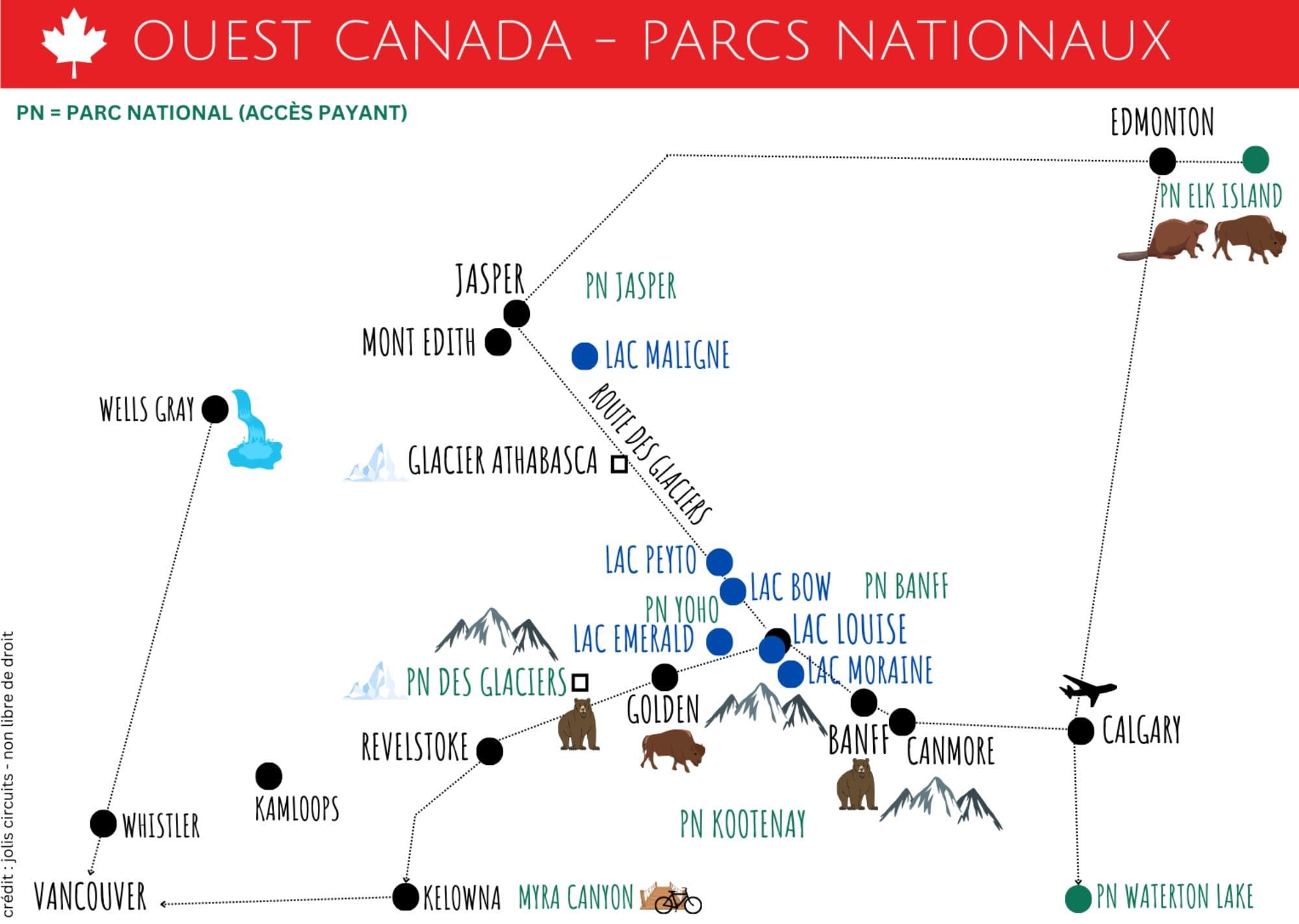 carte roadtrip ouest canada, parcs natinaux, les rocheuses